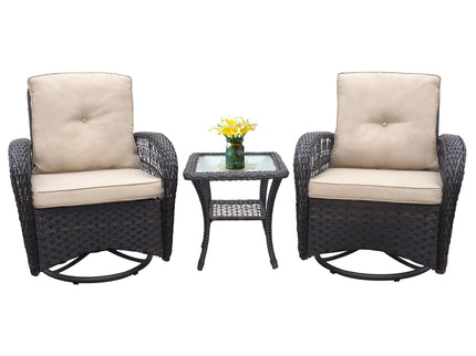 3 Pieces Conversation Set, Outdoor Wicker Rocker Swivel Patio Bistro Set, Rocking Chair With Glass Top Side Table