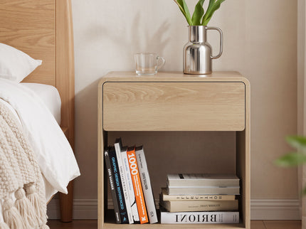 Bedside Table Set With Storage Drawers And Open Shelves, Compact With Rounded Corners (Set of 2) - Oak