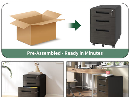 3-Drawer Mobile File Cabinet With Lock, On Casters, Holds A4/Letter Files