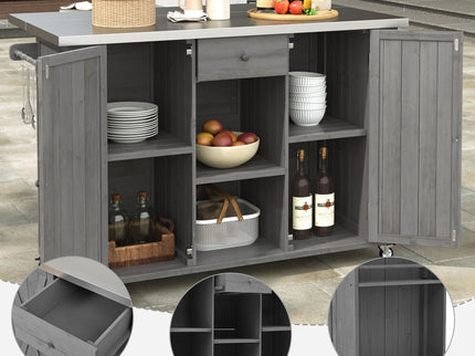 Outdoor Kitchen Island With Stainless Steel Top, Ample Storage Space, Towel And Spice Racks And A Bottle Opener