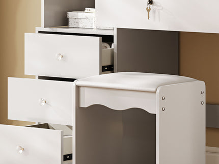 Vanity Desk Set With Sliding Lighted Mirror, 4 Drawer Makeup Dressing Table With 9 Storage Spaces, Hidden Compartments & Cushioned Stool, Beauty Furniture For Bedroom - White