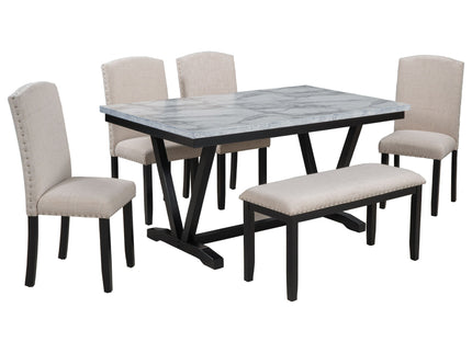 6 Piece Dining Table Modern Style With 4 Chairs & 1 Bench, Table With Marbled Veneers Tabletop And V-Shaped Table Legs - White