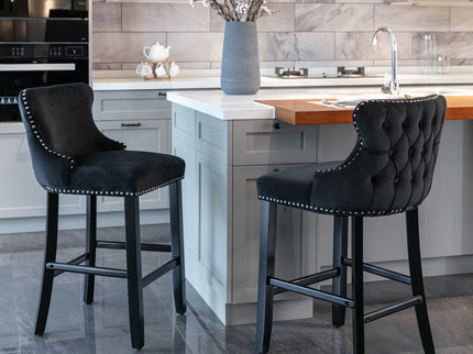 Contemporary Upholstered Wing-Back Barstools With Button Tufted Decoration And Wooden Legs, And Nailhead Trim, Leisure Style Bar Chairs, Bar Stools (Set of 2)