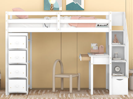 Loft Bed With Storage Drawers, Desk And Stairs With Shelves