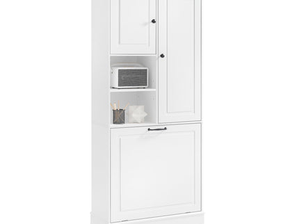 Modern Tall Storage Cabinet With Adjustable Shelves, Flip-Out Basket & Enclosed Doors