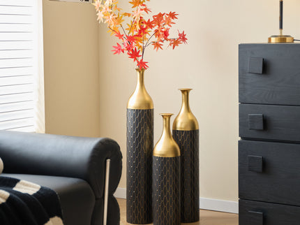 Elegant Floor Vase Set Metal Decorative Vases 3 Piece Set For Floral Display, Wedding & Gift Decor - Gold / Black
