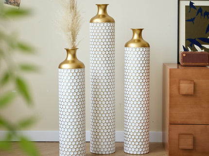 3 Piece Set Gorgeous Home Decoration Large Glazed Floor Vase Decoration Home Droplet Shaped - Gold / White