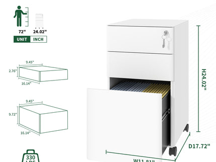 3-Drawer Mobile File Cabinet With Lock, On Wheels, Two Shallow & One Deep Drawer For Office/Home, Fully Assembled - White