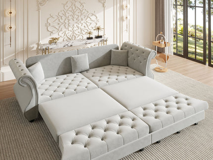 Oversized Chesterfield Pull Out Sofa Bed, Roll Arm Couch With Flower Tufting For Living Room