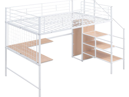 Loft Bed With Desk And Grid, Stylish Frame With Lateral Storage Ladder And Wardrobe