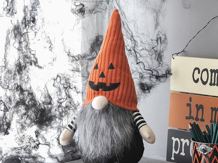 Sitting Gnome With Knit Hat, For Halloween Decor - Black / Orange / White