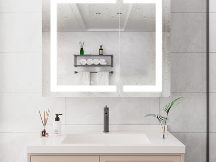 36" X 30" Medicine Cabinet With LED Vanity Mirror, Anti-Fog Recessed Or Surface Mount Bathroom Double Door Large Storage 3000K~6000K Bright Lighted Aluminum Storage Cabinet With Touch Switch - Silver