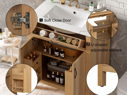 Bathroom Vanity With Flip Drawer, 2 Soft Close Doors, Adjustable Shelf And Ceramic Sink