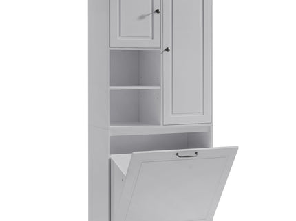 Modern Tall Storage Cabinet With Adjustable Shelves, Flip-Out Basket & Enclosed Doors