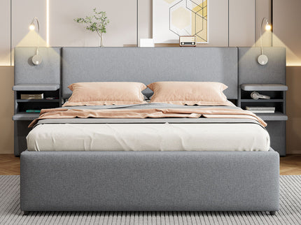 Upholstered Platform Bed With Reading Lights, Drawers, Trundle And Shelves