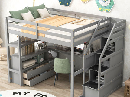 Loft Bed With Desk, Shelves, 2 Drawers, Storage Staircase