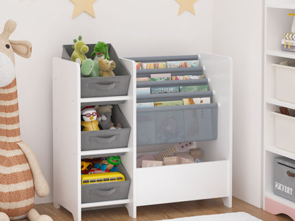 Bookshelf And Toy Storage Organizer, Multifunctional 4 Tier With 3 Collapsible Drawers - White
