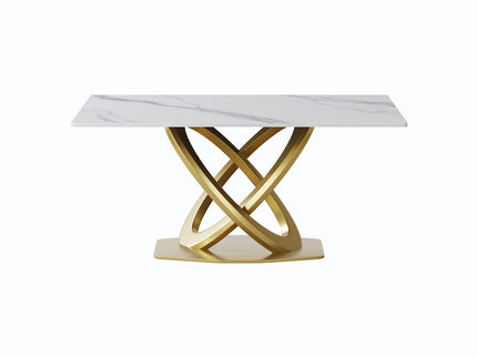 63" Modern Artificial Stone Panel Double-Ring Stainless Steel Metal Legs, Can Accommodate 6-8 People - White / Gold