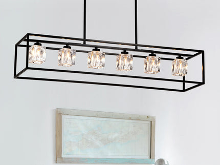6 Light Farmhouse Chandelier, Modern Industrial Linear Rectangular Crystal Pendant Light Cage Chandelier For Dining Room, Kitchen Island, Bar, Long Table, G9*6 Bulbs Included - Matte Black