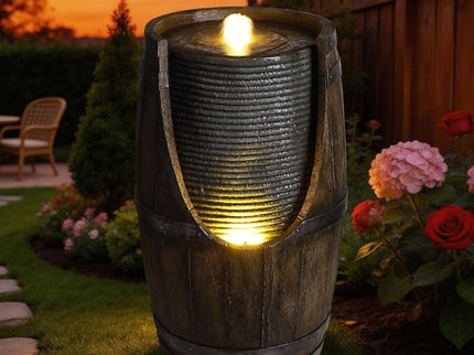 Rustic Barrel Water Fountain With LED Light