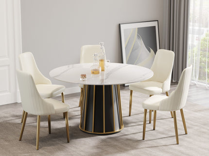 53.15" Modern Artificial Stone Round Panel Metal Iron Base Dining Table, Can Accommodate 6 People, (Not Including Chairs) - White / Black