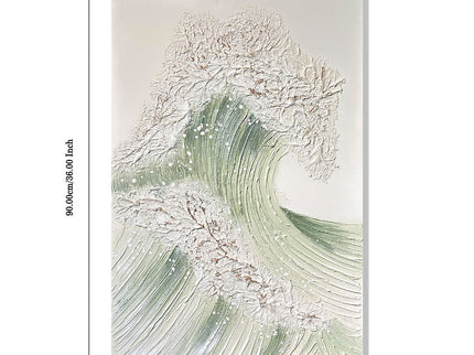 Ocean Wave Wall Art, Textured Canvas Painting With Accents (Set of 2) - Sage Green+Gold