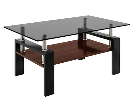 Modern Rectangular Coffee Table With Tempered Transparent Glass Top And Storage Shelf