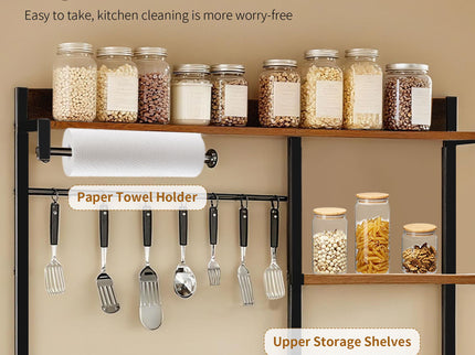 Bakers Rack With Power Outlet, Coffee Bar With S-Shaped Hooks, Kitchen Shelf With Wire Basket - Black / Brown