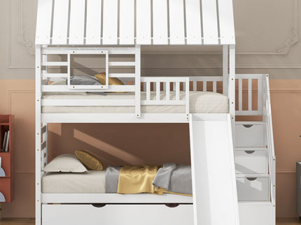 House Bunk Bed With Trundle, Storage Staircase, Roof And Window Design