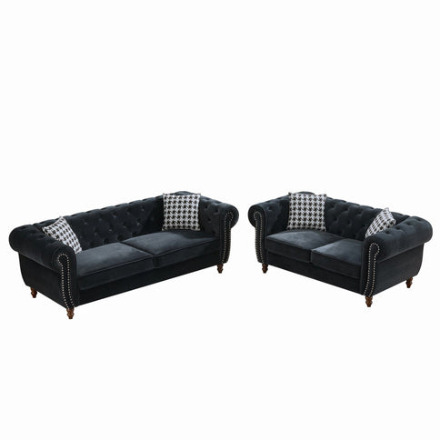Chesterfield 3 And 2 Seater Upholstery Sofa With Roll Armrest & Nailhead Fabric Couch