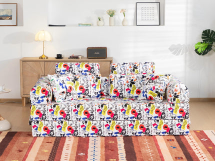 Pop Graffiti Printed Convertible Sleeper Sofa Bed, Foldable Multi Functional Couch For Living Room - White