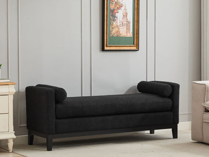 Elegant Upholstered Bench, Daybed, Ottoman With Wood Legs & 2 Bolster Pillows - Black Boucle