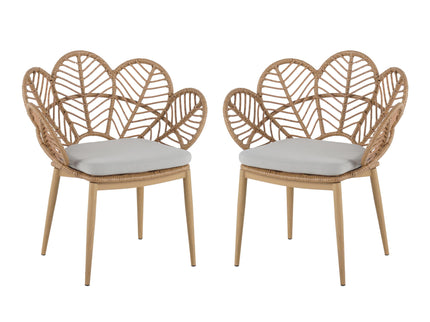 Kirk - Outdoor Wicker Peacock Shape Papasan Style Chair, Teak Finished Leg (Set of 2) - Beige / Light Brown / Light Teak