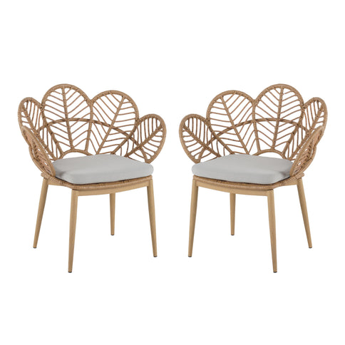 Kirk - Outdoor Wicker Peacock Shape Papasan Style Chair, Teak Finished Leg (Set of 2) - Beige / Light Brown / Light Teak