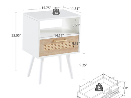 15.75" Rattan End Table With Drawer And Solid Wood Legs, Modern Nightstand, Side Table For Living Room, Bedroom