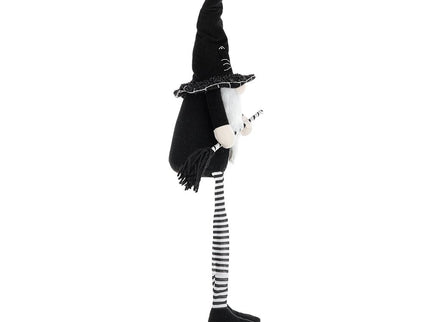 Sitting Gnome With Broomstick & Long Legs, For Halloween Decor - Black White