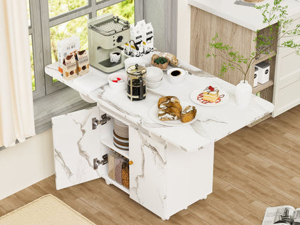 Versatile Marble Folding Dining Table With Storage Rack And Cabinet, 6 Wheels - White