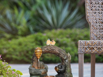 Decorative Two Tiered Water Fountain With Woodland Animal Design, Outdoor Fountain With Light And Pump - Dark Gray