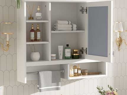 Wall Mount 2 In 1 Mirror Cabinet With Adjustable Shelves, Open Storage, For Bathroom Vanity - White