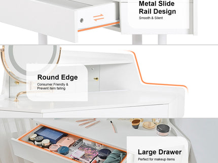 Modern Corner Makeup Vanity Desk With Large Storage, LED Mirror & Stool, Adjustable Brightness, Space Saving - White