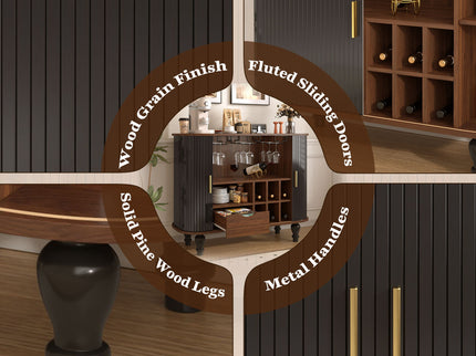 Fluted Liquor & Coffee Bar Cabinet With 6 Wine Racks And 3 Glass Holders