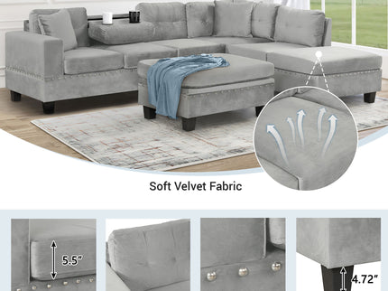 Modern Sectional Sofa With Storage Ottoman, L - Shape Couch With 2 Pillows And Cup Holders
