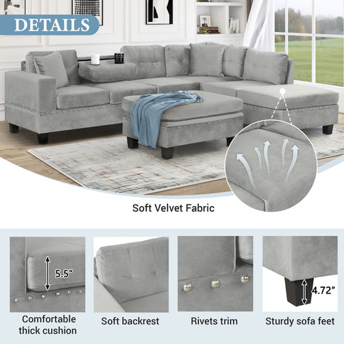 Modern Sectional Sofa With Storage Ottoman, L - Shape Couch With 2 Pillows And Cup Holders