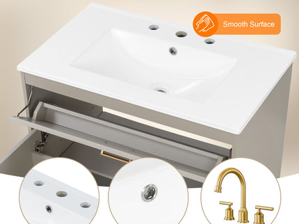 30" Bathroom Vanity With Sink Top, Soft Close Double Doors & Tip Out Drawer, Adjustable Interior Shelf, Door Mounted Organizers - Beige