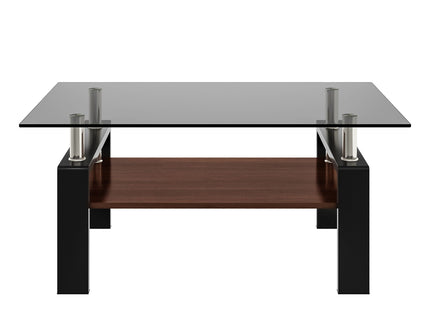 Modern Rectangular Coffee Table With Tempered Transparent Glass Top And Storage Shelf