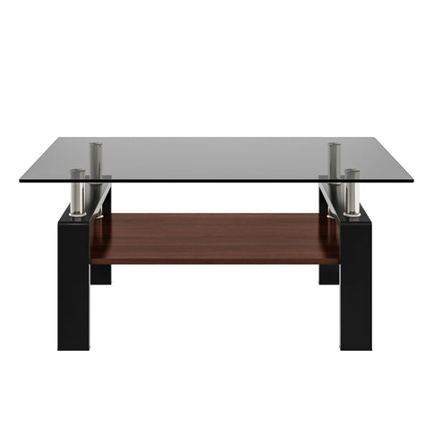 Modern Rectangular Coffee Table With Tempered Transparent Glass Top And Storage Shelf