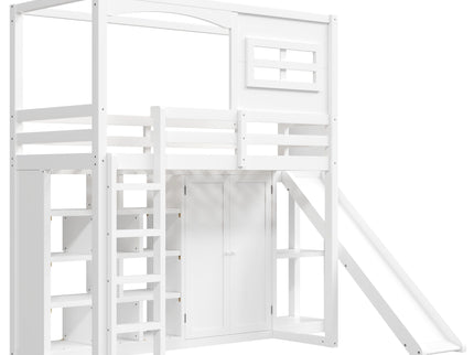 Twin Size Loft Bed With Wardrobe, Storage Shelves, Slide And LED - White