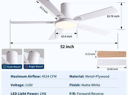 Flush Mount Ceiling Fans With LED Light And Remote Control, 5 Blades