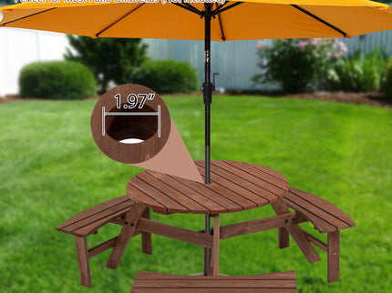 6 Person Circular Outdoor Wooden Picnic Table For Patio, Backyard, Garden, Diy With 3 Built-In Benches, 1720Lb Capacity