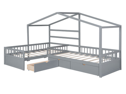 L Shape Platform Bed With 3 Storage Drawers